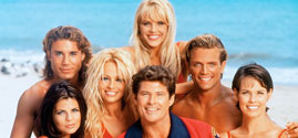 Pamela Anderson with the cast on the set of "Baywatch," season 2