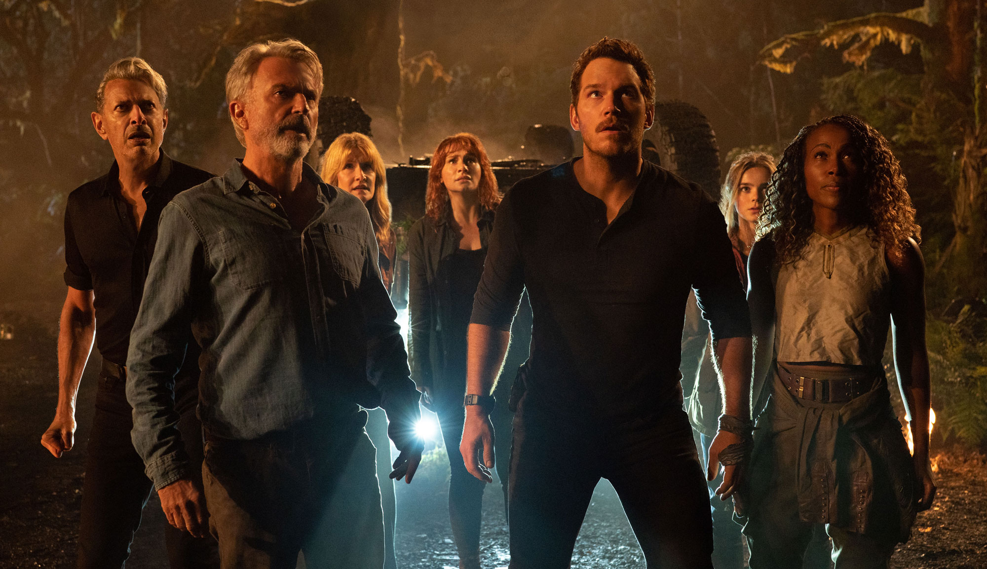 Chris Pratt, Bryce Dallas Howard, Sam Neill, Laura Dern, Jeff Goldblum and DeWanda Wise in "Jurassic World Dominion"