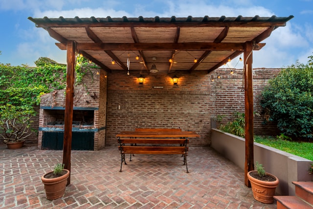 wooden bench on covered patio