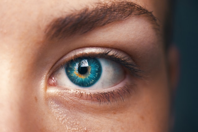 closeup of woman's blue eye and eyeleash