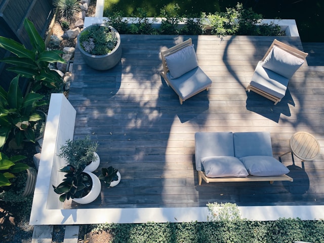 ariel view of outdoor patio with patio furniture