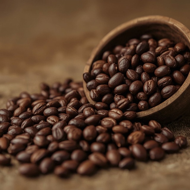 coffee beans spilling out onto a table from a wooden cup