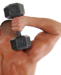 man holding dumbell behind his back