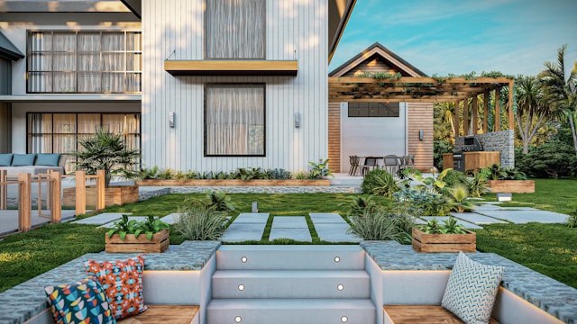 exterior view of modern home and landscaping