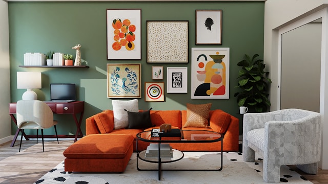 orange sofa in living room with framed art on the green wall