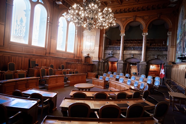 large courtroom with wood design