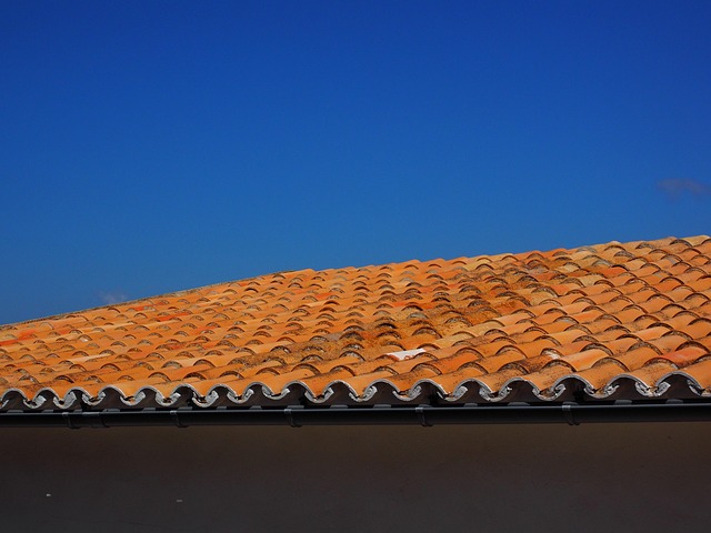 tiles on roof with blue sky in background