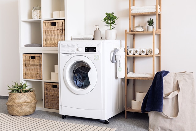 white front loading washing machine next to wooden shelves