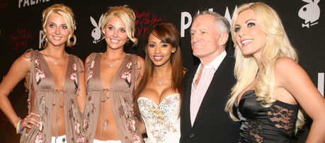 Karissa & Kristina Shannon and Ida Ljungqvist and Hugh Hefner and Crystal Harris at 2009 Playboy Playmate of the Year event on red carpet