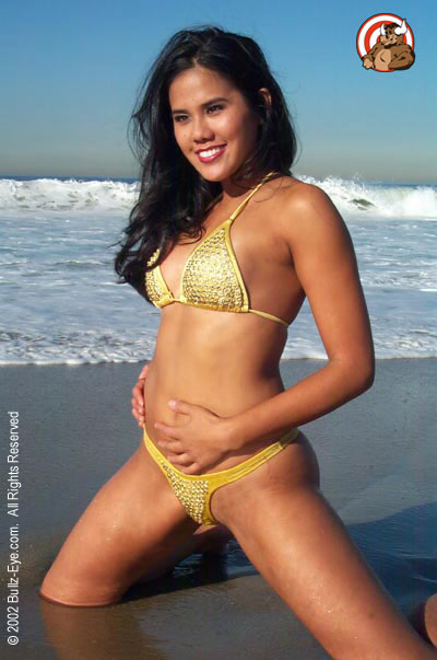 Jazmine in yellow thong bikini kneeling on beach