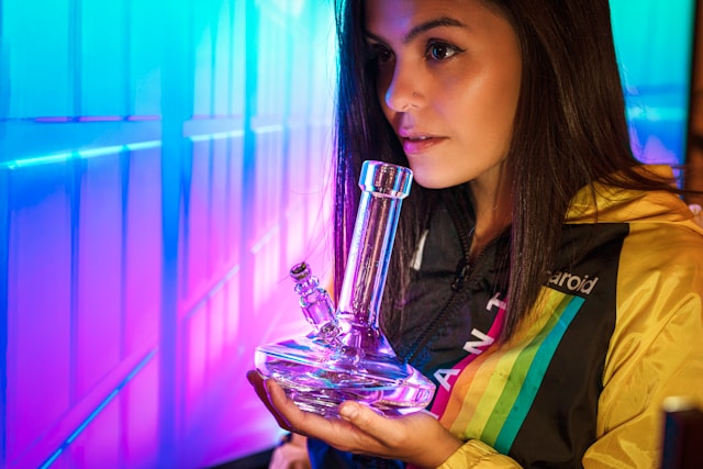pretty brunette woman holding bong