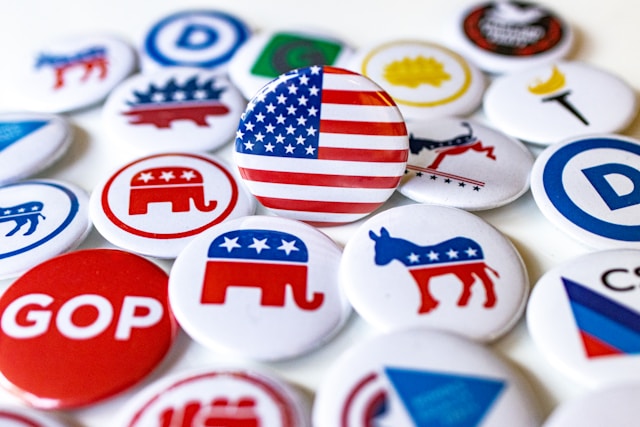 political buttons spread out on table