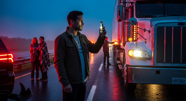 image of man dolding phone next to truck