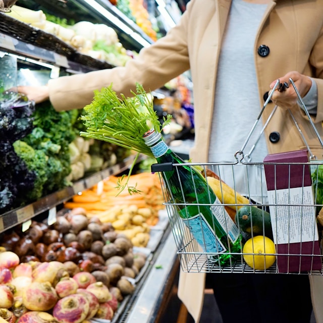 closeup of woman in coat shopping for groceries