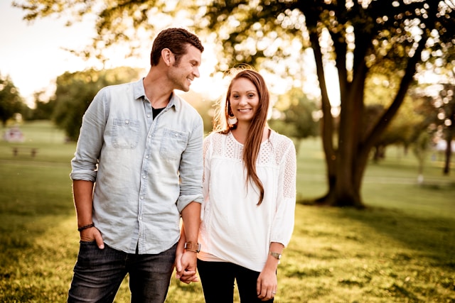 man and woman walking together
