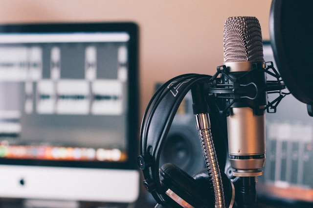 microphone and headphones for a podcast