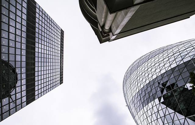 view of three office towers looking up