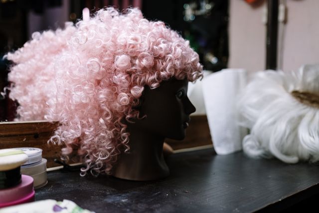 wig with pink and curly hair