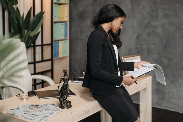 female lawyer in dark suit sitting on desk looking over papers
