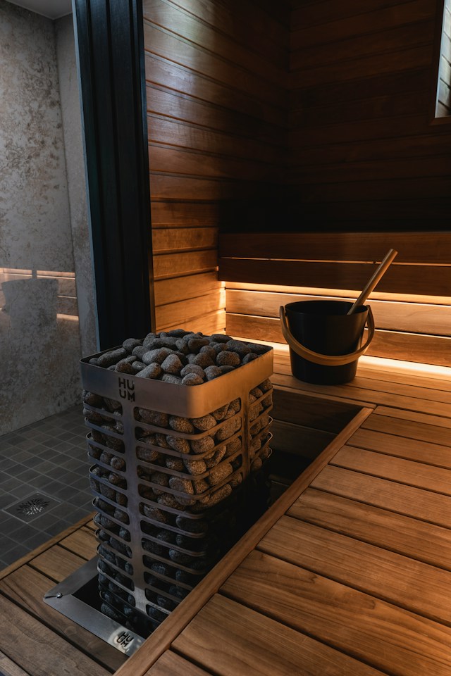 bucket of hot rock in sauna