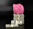 pink piggy bank sitting on stack of money