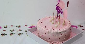 pink cake with flamingo recoration