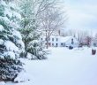 white house in middle of snow filled yard with trees with snow