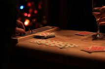 closeup of cards are a brown table