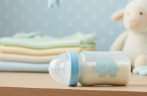 baby bottle laying flat on dresser with stuffed animale behind it