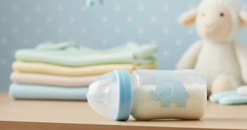 baby bottle laying flat on dresser with stuffed animale behind it