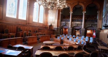 large courtroom with wood design