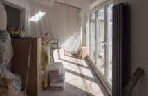 home renovation project in room with sliding doors