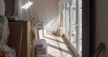 home renovation project in room with sliding doors