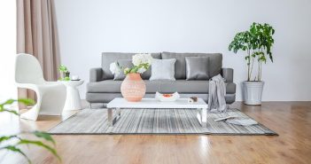 gray couch and white chair and gray rug in living room with white wall and hardwood floor