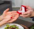 close-up of man giving woman engagement ring in red box