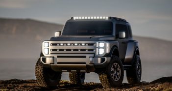 gray Hyundai Boulder Concept SUV front angle view with lights on