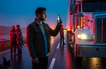 image of man dolding phone next to truck