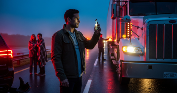 image of man dolding phone next to truck
