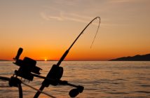 fishing line with water and sunset in background