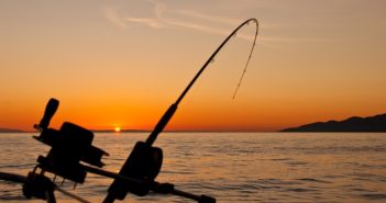fishing line with water and sunset in background