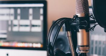 microphone and headphones for a podcast