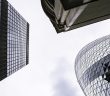 view of three office towers looking up
