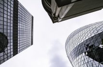 view of three office towers looking up