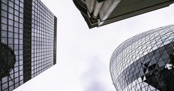 view of three office towers looking up