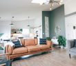 living room of home interior with leather couch