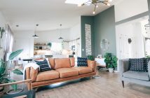 living room of home interior with leather couch