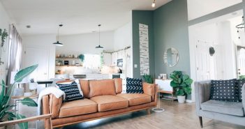 living room of home interior with leather couch